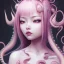 Placeholder:  Asian woman, leaning pose, slobbe octopus , pink short hair, latex suit, full body, squid, intricate detail , portrait, high lighting, Gradient background,nice end of darkness Dark Woman Little Horns Little Horns Sad Eyes dual soul fire girl soul fire cute realistic hell Dark Realistic Cute