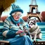 Placeholder: An elderly woman is knitting on a park bench, accompanied by her furry companion - a calm husky dog ​​resting next to her. In the background is the Eiffel Tower. The woman's lively personality shines through her whimsical outfit - a light blue sweater, striped tights and large round glasses perched on her nose. Her spiky red hair adds a touch of glamor to the scene. The sweet dog, with a shaggy yellow coat, lies peacefully with his head resting on the knitted fabric, providing a faithful compani