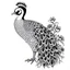 Placeholder: white, A peacock have a two foot white flower decoration, line art, white background, outline, with images neatly contained within the background, just black and white color, full body, no color. Looking front , front view, 8k