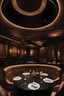 Placeholder: Ten elegant people watching a streap show on a stage in the luxurious VIP box of a nightclub, with a round table, leather armchairs, champagne and glasses,