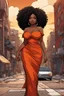 Placeholder: Create a comic book art cartoon image of a curvy black female walking thru the city streets wearing a burnt orange off the shoulder maxi sundress. Prominent make up with brown eyes. Highly detailed tight curly black shiny afro