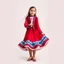 Placeholder: full body 7years old girl ,simple background, full body of very pretty little girl in azeri dance wearing A underdress or shirt, often made of silk,A fitted, often velvet or brocade, jacket worn over the shirt.Wide, bell-shaped skirts are worn, often long and layered to create beautiful movements while dancing, with a long lace scarf at back of her head ,with pretty shoes,in T pose looking at camera.