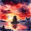 Placeholder: beautiful dark watercolor, Japanese seascape at sunset, majestic pagoda, deep crimson colors, reflective, setting sun partially obscured by clouds, sun glare effect, impressionism