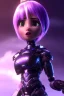 Placeholder: a beautiful full frame portrait digital painting of futuristic animepunk robot, wide angle view, close-up, macro lens, centered camera, titanium accents, intricate details, small minutiae, tiny features, purple hair, teal eyes. particulars, colorful, 8k, least ambient occlusion, volumetric lighting, volumetric clouds