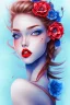 Placeholder: blue Pencil sketch of a girl with red lips and flower in hair on watercolor paper