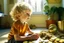 Placeholder: a curly-haired blond boy counts money and stacks gold coins in a modern nursery, in sunshine