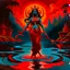 Placeholder: An oil painting of goddess Kali crossing a lake, neon red colors,