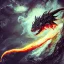 Placeholder: dragon flying with black, opaque scales, volumetric lighting, photo realistic, dark fantasy, dramatic, ferocious, spitting red hot fire out of it's mouth over the ocean with a erupting volcano that is leaking through the sides, dramatique middle ages 79924533