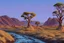 Placeholder: Dry trees, night, arid land, vegetations, rocks, little river, mountains