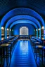 Placeholder: A restaurant whose outer walls are oval in shape and its interior is blue and its floor is light with a bar table in the middle of the restaurant in the shape of an oval containing 30 chairs and there are no windows in the restaurant