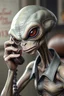 Placeholder: lifelike grey alien angrily talking on the phone