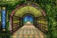 Placeholder: open iron gates made of colorful stained glass, covered in vines, trees, very large entry leading to a lush garden, see lot details in the garden, photo realistic 4k, nature, beautiful hand laid checkered pattern stone walkway path, trending on artstation, sharp focus, studio photo, intricate details, highly detailed, by greg rutkowski