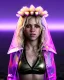 Placeholder: portrait, Shakira, blonde artist, angry, Realistic image, MMA robe, hoodie, mouthguard, nose, band aid, loose long hair, eyes make up, line gold make up, glow, circle iris. Rain, fog, Neon colors, leds. Dark background, photo studio, concept art, smooth, unreal engine 5, god lights, ray tracing, RTX, lumen lighting, ultra detail, volumetric lighting, 3d, finely drawn, high definition, 4k.