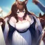 Placeholder: Clear focus, High resolution, Long fluffy brown hair, blue eyes, wearing a white skirt, detailed outfit, wearing a jacket oversized off shoulder, rough line, hair above ears, dog ears, off shoulder white shirt, chopped bangs