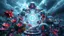 Placeholder: Dynamic complex hypnotic of 3D structures Symmetry twisting and morphing between cifi plants , cifi flowers and metal geometric 3d structures buildings , smooth translucent iridescent glass with inner glow and bubbles, varied transparent materials, stormy skies, intense dramatic