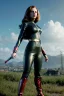 Placeholder: retro portrait image from 1960, sky background, wind, long red hair, fighting stance, sweet young Scarlett Johansson, black dress, classic long tight lycra black suit, gold bracelet and belt, high heel boots, superhero style, black widow, soft color, highly detailed, unreal engine 5, ray tracing, RTX, lumen lighting, ultra detail, volumetric lighting, 3d, finely drawn, high definition, high resolution.