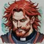 Placeholder: dnd, fantasy, watercolour, portrait, illustration, male, face, determined, happy, priest, red hair, very long hair, radiating light, stubble