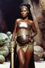 Placeholder: [slave Jabba] grace jones, in princess Leia's slave costume, close to Jabba the Hutt.