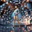 Placeholder: make a picture pretty stage made of metallic blue-gray teme 3d fractal recursive cubic and sphere base structures and a beautiful fashion model lady posing with cute,with Casual style clothing,siver high heels ,makeup curvy long hair,dynamic camera zoom to full body and pan, dynamic lights.