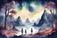 Placeholder: illustration concept art water color style for teenagers in other planet watching the moon and mountains having adventure two teenagers mystery weird cretures trees exiting