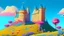 Placeholder: Castle on a hill, Pink walls, orange towers, yellow flowers on the ground, dark blue roof and aqua blue sky, very detailed and realistic