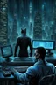 Placeholder: cyberpunk programmer black_Cat_Typing_on_computer_background binary codes, surrounded_by_mindent_3D_binary matrix codes and neutron mesh_etheral, Paranoid_sci-fi_in background_a_tall_cyberpunk_city, the cat-man watchings monitor, Hyperrealistic texture, high detail, Sinister, cold dynamic lighting, dark-neon colors, Ultra_HD_intense_focus