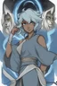 Placeholder: Drawing of Korra the Avatar as a female Moonelf twilight cleric with black, very curly, very short hair and blue eyes, wearing gray robes. Etheral, muscular.