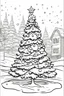 Placeholder: Outline art for color page of a decorated christmas tree i, in medium detail, white background, sketch style, full landscape, snow, only use outline, clear line art, white background, no shadows and clear well outlined. cartoon style