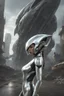 Placeholder: a photorealistic sleek, long, silver spaceship sitting in the street of a dystopian futuristic ruined alien city, with a woman in a silver suit, standing in front