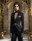 Placeholder: A length image ,professionals photography cinematography, stand action pose an beautiful young girl super model iranian wearing islamic hijab as spy detective with shoulder length wearing luxury jewelrys and lipstick. She is wearing a islamic fashion luxury tuxedo with a black bowtie. Her jacket is black decorations golden art and it is not buttoned. Her jacket has a corsage,She is smiling. Her cufflinks are black.stand pose in futuristic