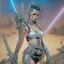 Placeholder: Una mujer cyberpunk con tatuajes fittnes en armadura plateada futurista en un estilo de comic de 1980 en un wasteland en montevideo con una sable de luz tipo star wars. En el