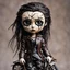 Placeholder: full color, illustration of a dark menacing leather clad motorcycle girl, tall and willowy , as a decayed, broken, crude homemade cloth doll toy, with a cracked porcelain face, thick dark eyebrows, hair made from ragged strips of cloth, in the style of Nadya Sheremet