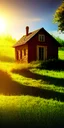 Placeholder: little house in the countryside with reflection of sunlight