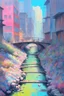 Placeholder: painting of a cyberpunk colourful natural walkway rubbish on the street in the city with pollution and a small bridge by a creek with electric sheep and androids by monet