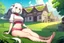 Placeholder: Farm, green grass, house, girl,white hair , sit on grass, cow's tail, cow's horne , cow's under, pink stomach,