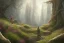 Placeholder: a brave and weary knight wandering alone in a larg pine forest fild with ferns and flowers and in the distans you can see a large mountain range, large landscape, dark fantasy, lord of the rings, RPG, dungeons and dragons