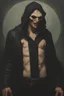 Placeholder: oil painting by Gerald Brom - a vampire/werewolf hybrid, male, A horribly disfigured and ugly, putrid and disgusting, revolting and deformed, young, nosferatu, detailed, horrific ulcers, dark room, hood, scars, black track suit, scab, black hair - Sun flares, sunbursts - a colorful gradated multicolored, dark red and light red background