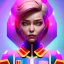 Placeholder: waitress cyber woman, rounded face, pink short hair, purpurin, striped shirt, vibrant color, highly detailed, art stations, concept art, smooth, unreal engine 5, god rays, ray tracing, RTX, lumen lighting, ultra detail, volumetric lighting, 3d, finely drawn, high definition, high resolution.