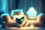 Placeholder: cute chibi fluffy beige bioluminescent cat reading a book sitting on a sofa next to a glowing tiffany lamp in a modern room