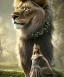 Placeholder: Young beautiful girl wearing floral crown and standing next to a stunning lion on nature forest path, Chronicles of Narnia, 8k resolution, high-quality, fine-detail, iridescent, intricate, digital art, detailed matte, volumetric lighting, beautiful, illustration, 3D octane render, brian froud, howard lyon, selina french, anna dittmann, annie stokes, lisa parker, greg rutowski,