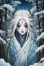 Placeholder: full color front facing portrait of a Yuki-Onna possessed woman with highly detailed hair and slim, narrow facial features, in a haunted snow clad, winter mountain bamboo forest, pierced by shafts of moonlight , danger lurks everywhere but she is undeterred and resolute in her purpose, art in the style of Alex Pardee, spirited away, studio ghibli, , 8k , finely detailed and precise line work, soft gauzy pastel colors