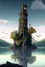 Placeholder: two-story Fantasy Gothic Tower with An Observation Platform, On A Rocky Island, In A Lake, In A Fantasy Woodland, with a bridge