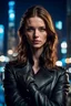 Placeholder: Young woman with Brown Hair, Blue Eyes, Black Leather Coat, Black suit underneath, crossed arms, beautiful face, intense gaze, night, city Background, high detail, 4k, Matrix