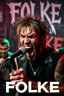 Placeholder: A very angry and bitter punk rocker screaming at microphone, very aggresive image in a club house, his name i FOLKE, and the name FOLKE in background