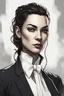 Placeholder: Dungeons and dragons portrait of a woman with sharp facial features wearing a black suit and white tie