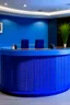 Placeholder: A circular blue reception desk with three chairs