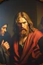 Placeholder: pin hole cam, master oil painting by Rembrandt, realistic rendering Portrait of the angry Jesus in the temple of thieves