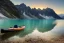 Placeholder: highly detailed glacial lake landscape, sunset, cinematic lighting, 4k, 8k, octane render, trending on 500px, pinterest, extremely detailed, ambient lighting, single frame, tiny kayak on rock pebble beach in foreground