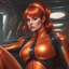 Placeholder: "ultra detailed illustration of a woman sitting, red hair tied at the back of the head, , wearing orange holographic latex jumpsuit ,""tricate details," "by Artgerm, Greg Olsen, Pixar, WLOP :: hyperrealistic , hyper detailed, photorealistic :: a masterpiece, incredible composition, amazing depth, imposing, meticulously composed, 8k""fantasy art cover magazine""