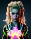 Placeholder: portrait, Shakira, blonde artist, angry, Realistic image, MMA robe, hoodie, mma gloves, fight pose, make-up make-up, gold line make-up, sweat, fog, goddess style, Neon colors, leds. Black background, photo studio, concept art, smooth, unreal engine 5, god lights, ray tracing, RTX, lumen lighting, ultra detail, volumetric lighting, 3d, finely drawn, high definition, 4k.